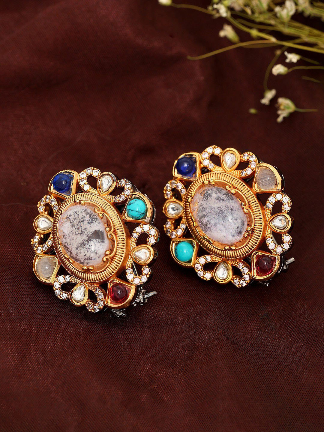 Exotic India Victorian Style Stone Studded Alloy Earrings