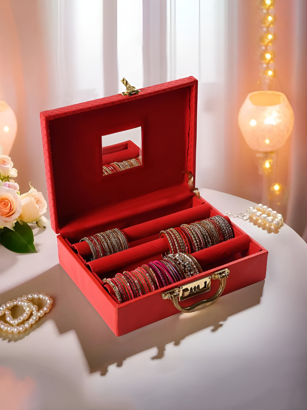 Myntra Elegant Homes Red Leather 3 Rod Bangle Box Jewellery Storage Organisers