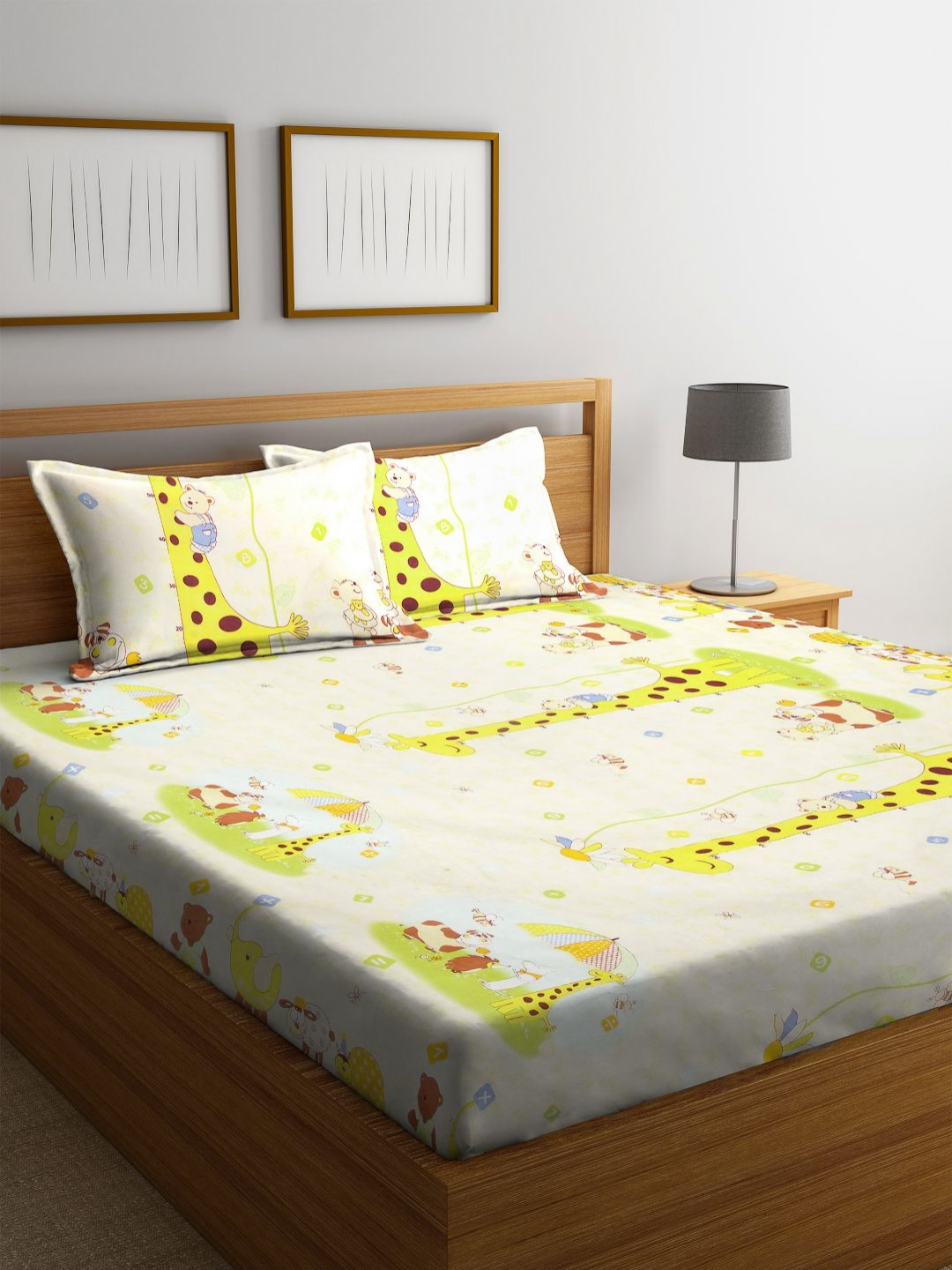 Myntra Elegant Homes Cream Animal Cotton 300 TC King Fine Bedsheet with 2 Pillow Covers-98 x 87 inches