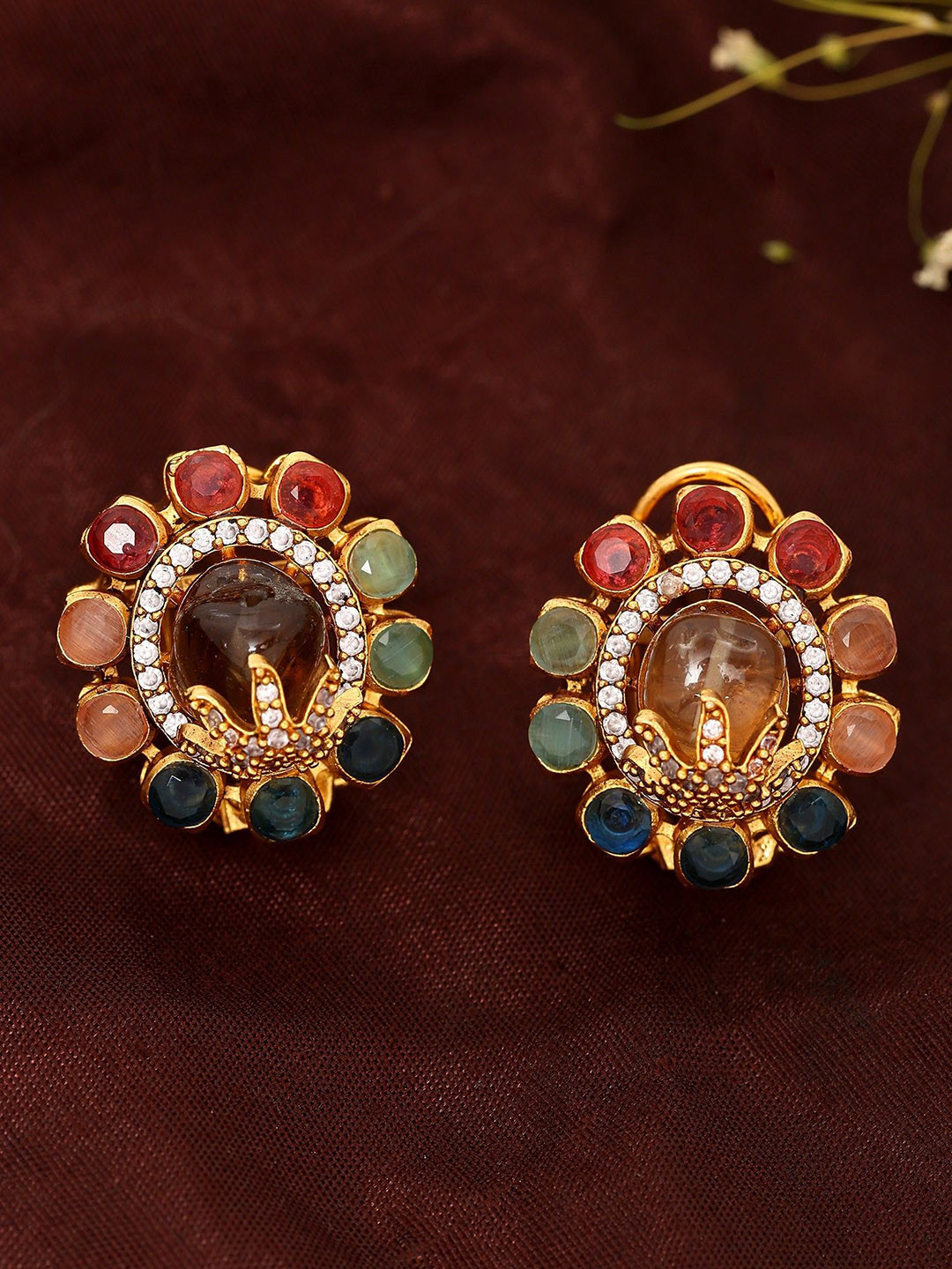 Exotic India Multistone Studded Floral Design Alloy Earrings for Womens
