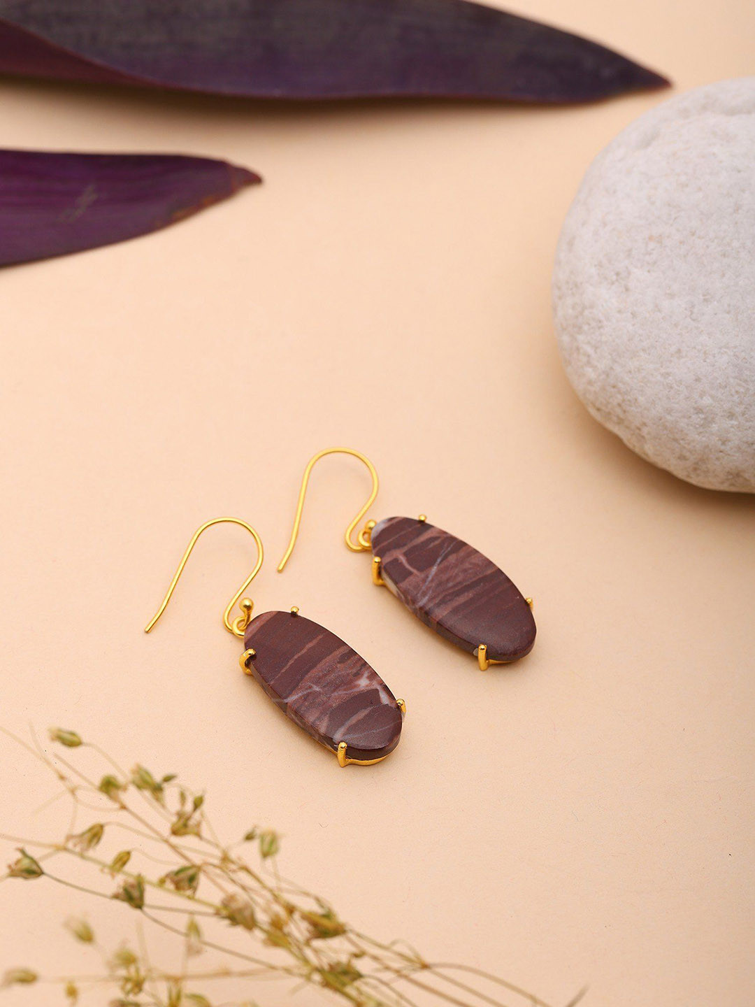 Exotic India Sterling Silver Gold-Plated Kona Jasper Stone Studded Oval Drop Earrings