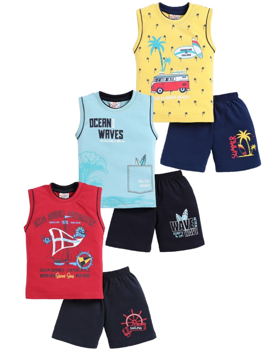 Universal Stars Boys Pack of 3 Printed Pure Cotton Round Neck T-shirt With Shorts