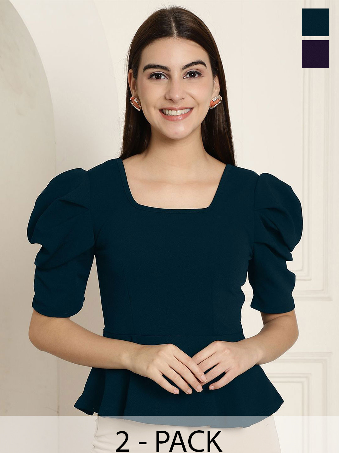 Tromko Women Solid Color Square Neck Puff Sleeve Top