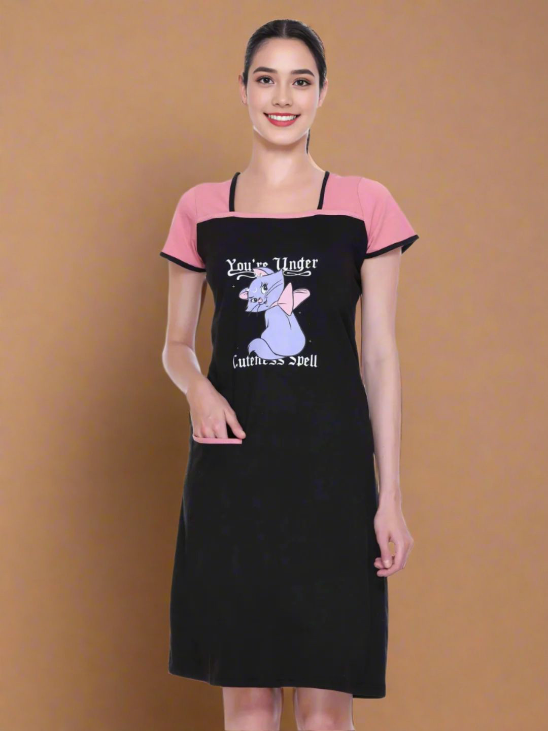 White Moon Women Cartoon Characters Printed Square Neck Pure Cotton Nightdress