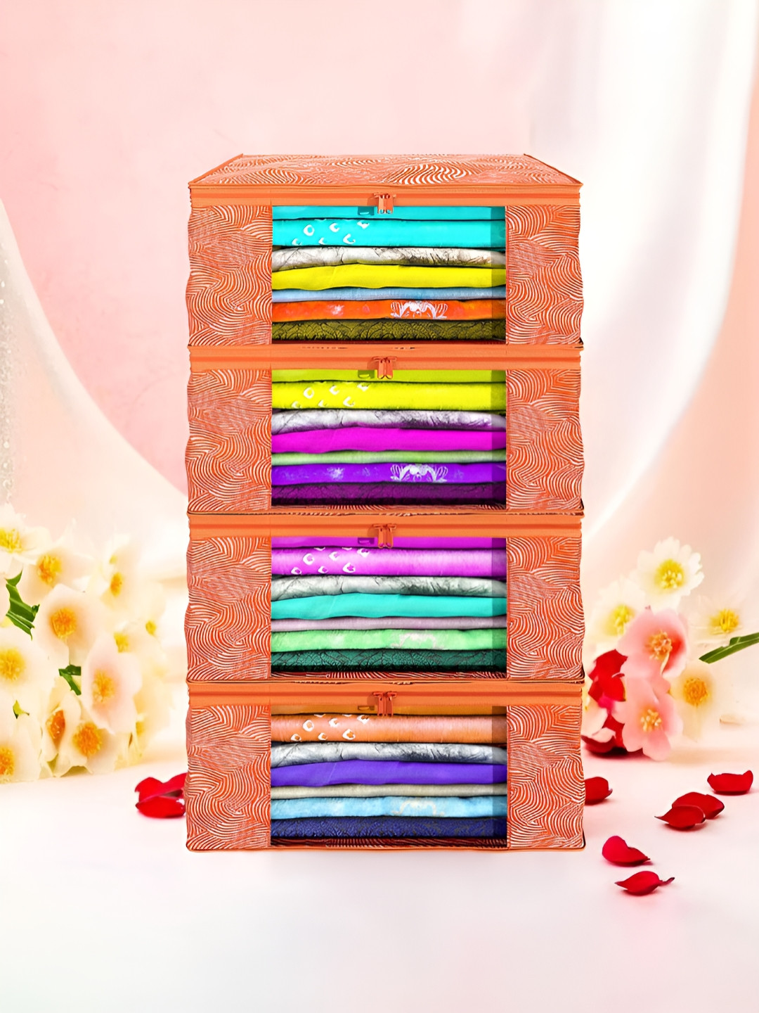 Aura Orange Set of 4 Non-Woven Saree Cover 9 Inch Clothes Bag Organisers