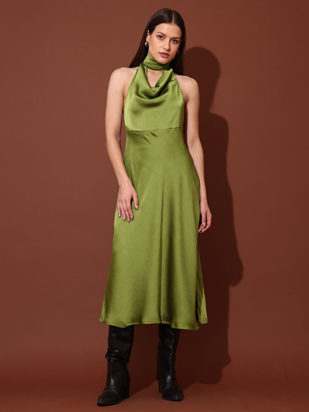 PURVAJA Women Cowl Neck Satin Fit & Flare Midi Dress