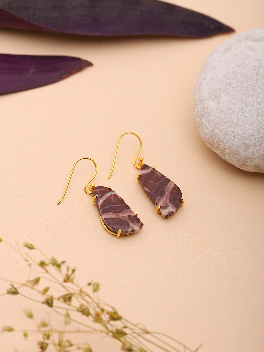 Exotic India Sterling Silver Gold-Plated Contemporary Kona Jasper Gemstone Drop Earrings