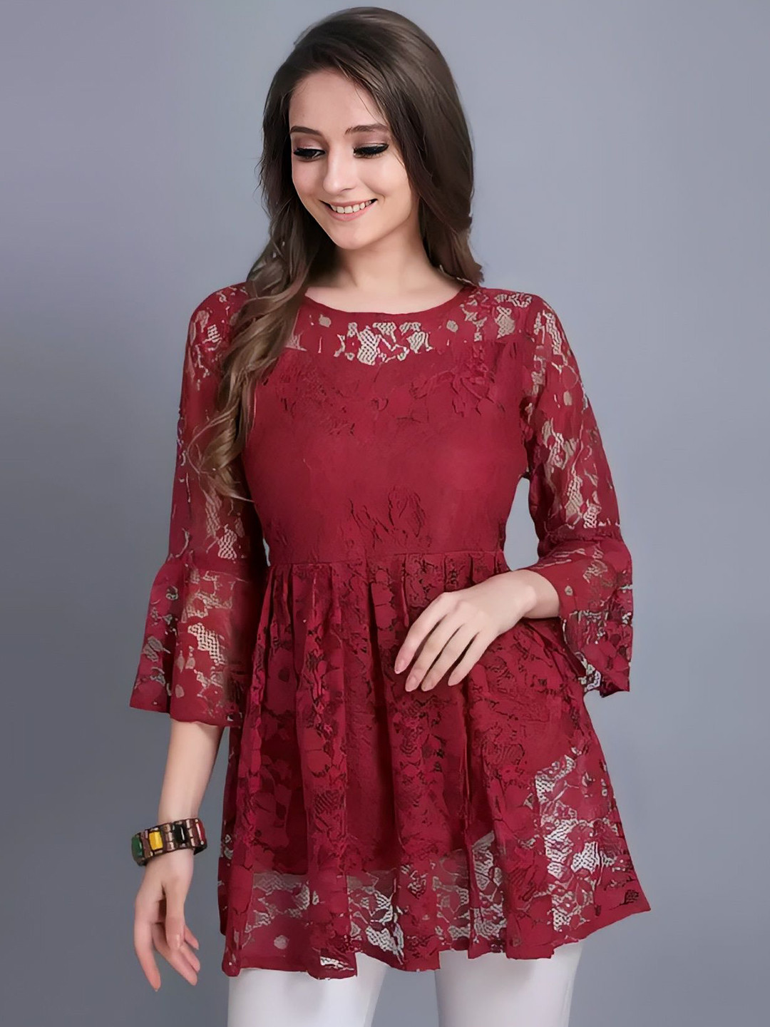 ZELZIS Women Russel Net Bell Sleeve Self-Design Tops