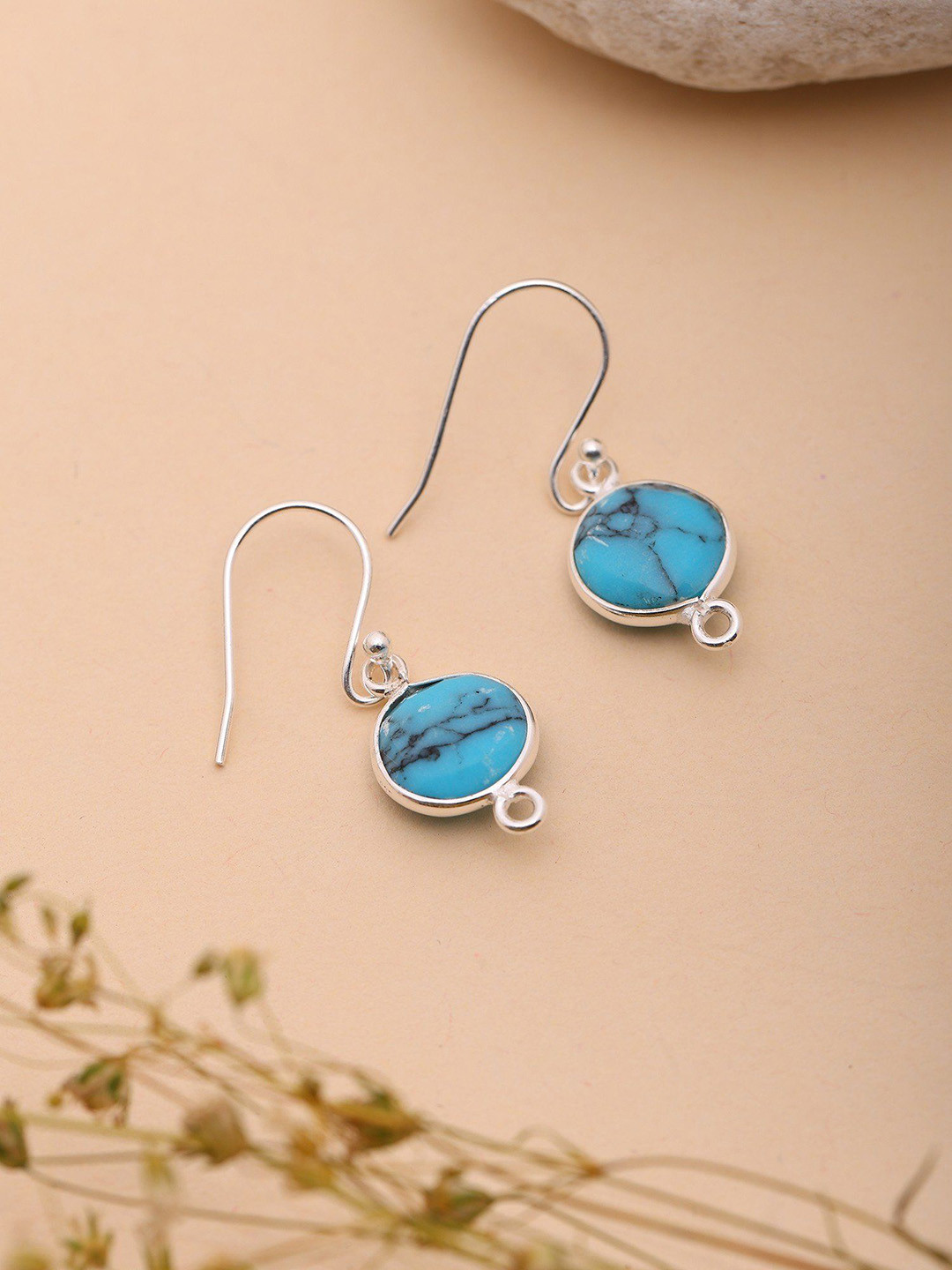 Exotic India Sterling Silver Circular Shaped Silver Plated Turquoise Drop Earrings