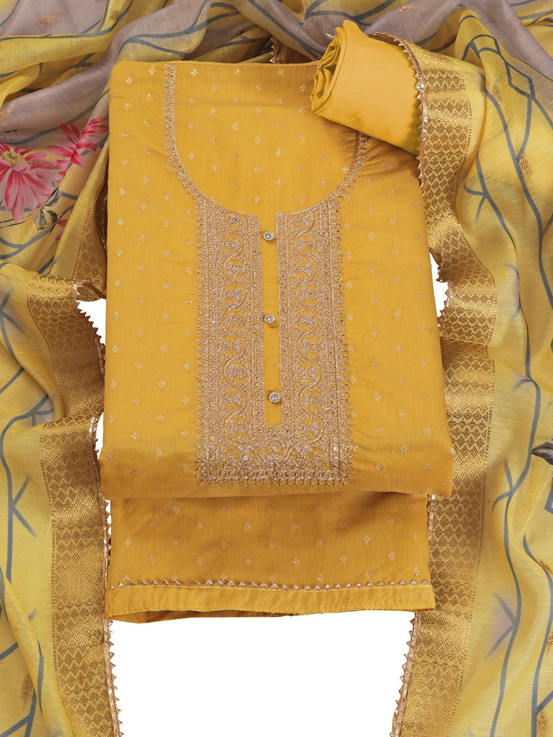 TAVAS Embroidered Chanderi Silk Unstitched Dress Material