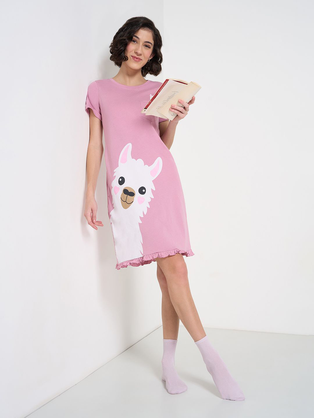 Dreamz by Pantaloons Women Printed Nightdress With Large Llama Graphic Placement