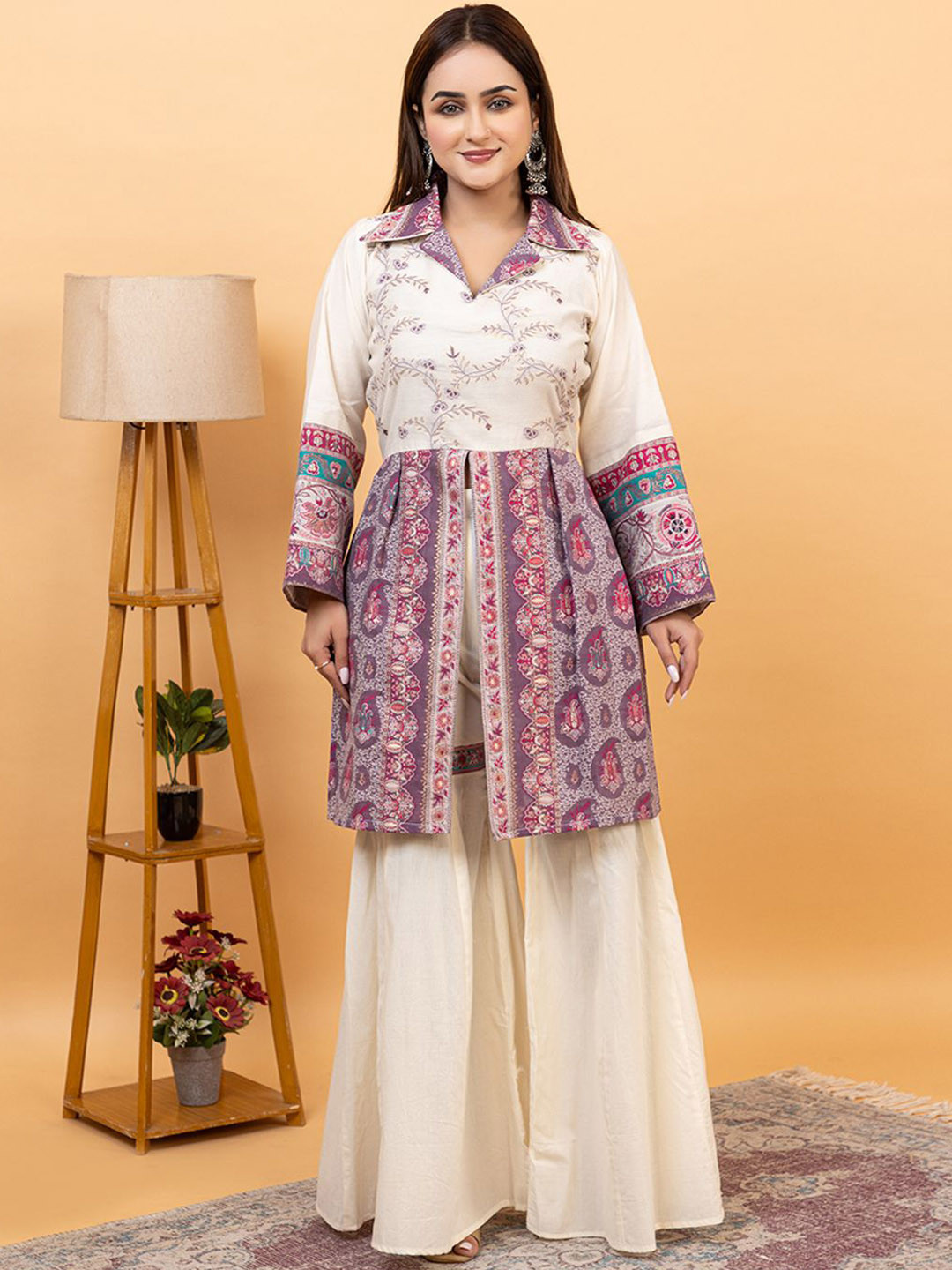 KIDAR Floral Jacquard Woven Design Lapel Collar Tunic With Palazzo