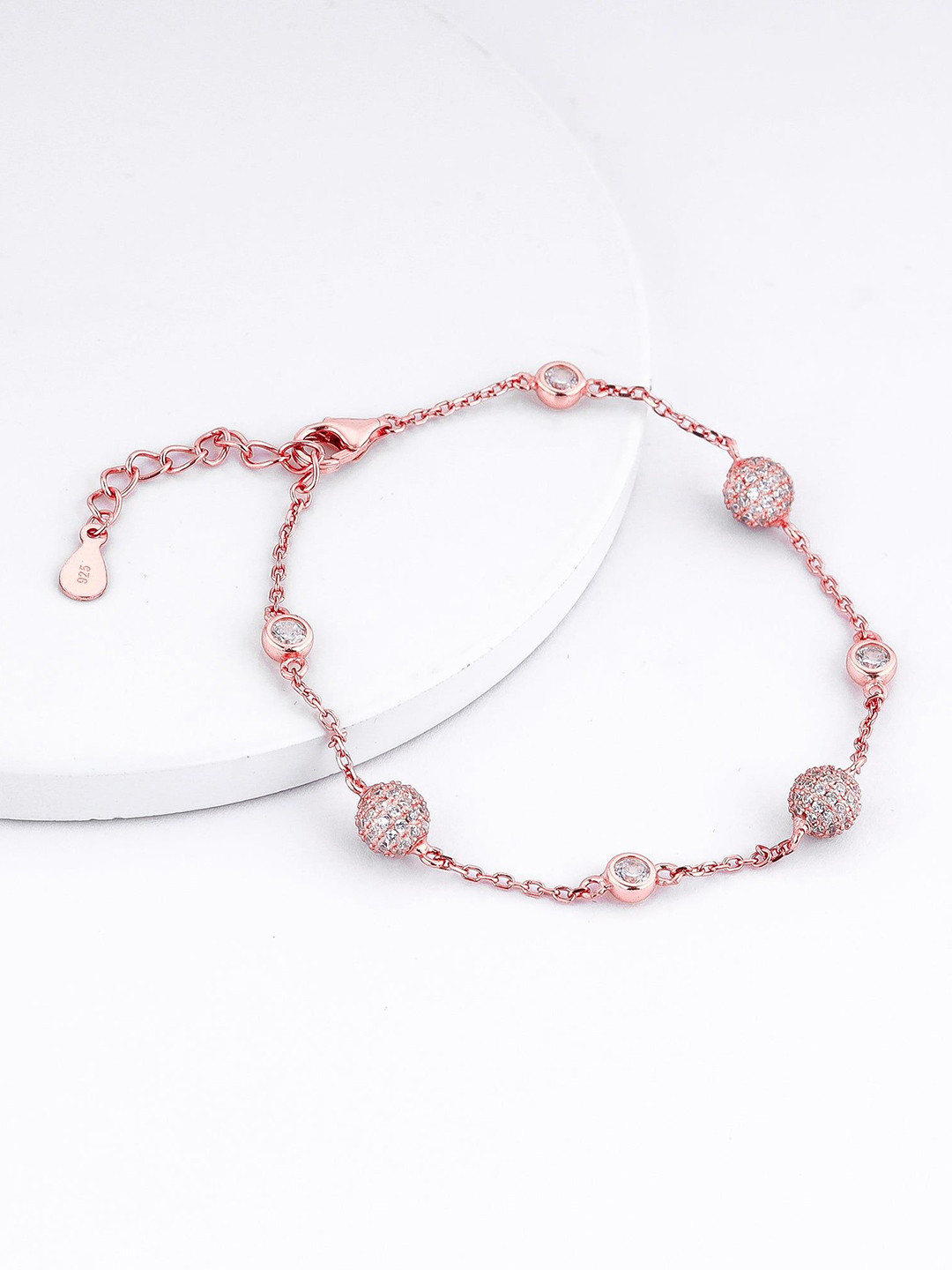 GIVA Women 925 Silver Rose Gold-Plated Cubic Zirconia Studded Bubble Link Bracelet