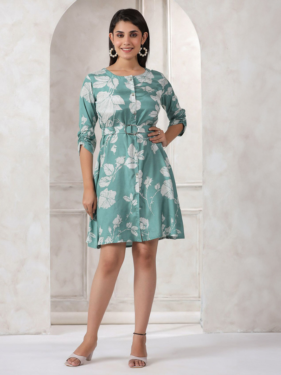 JISORA Women's Green Printed Russian Silk A-Line Dress