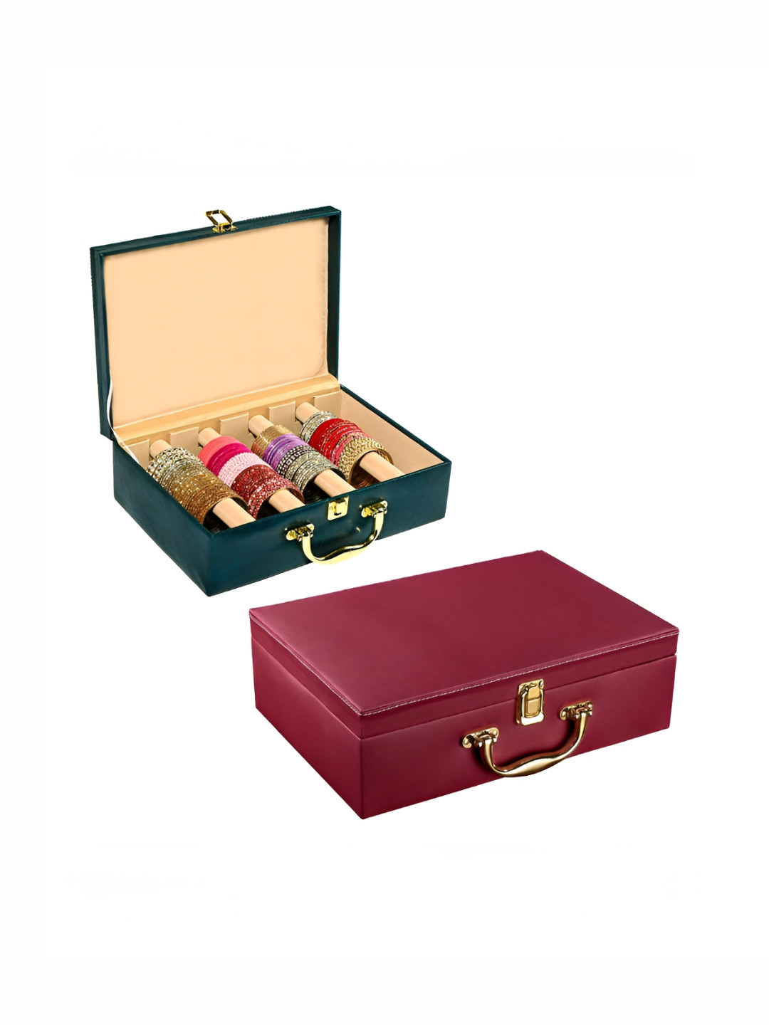 Aura Teal & Maroon 2 Pcs 4 Rod Premium Leather Bangle Box Chudi Box Jewellery Organiser