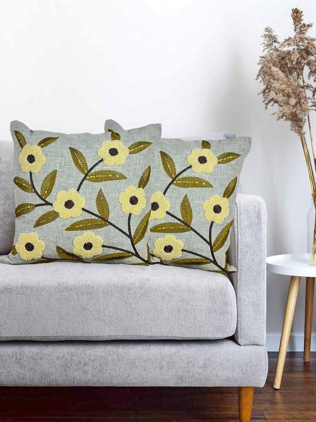 MONKDECOR Grey Set of 2 Floral Linen Square Cushion Covers