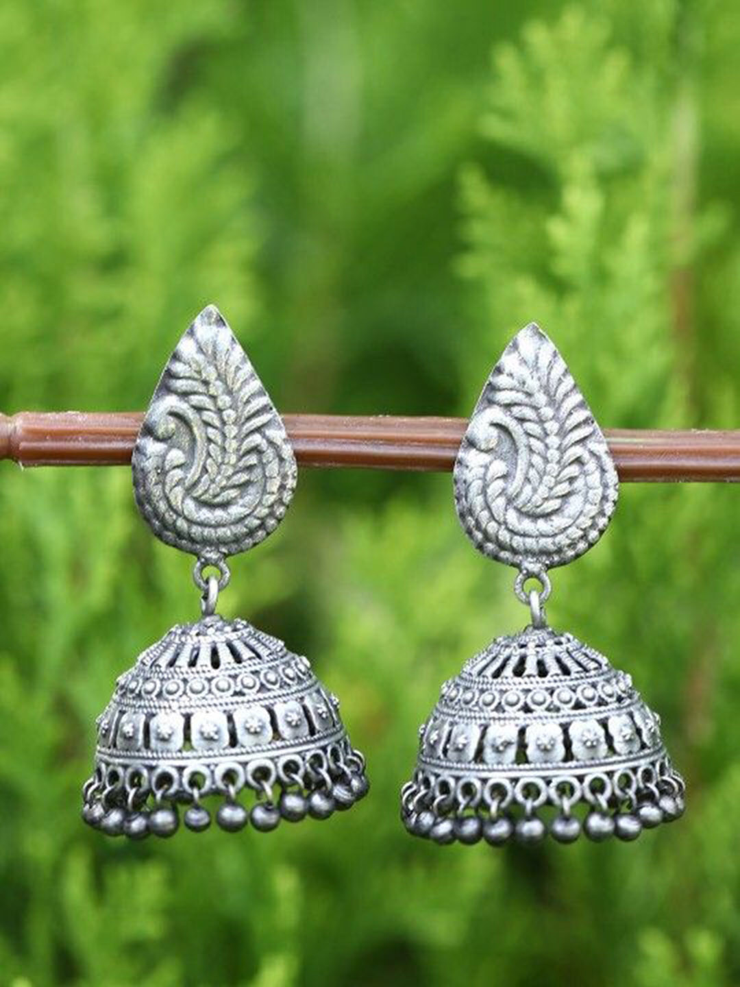 Sangria Antique Silver-Plated Textured Dome Shaped Oxidized Jhumkas