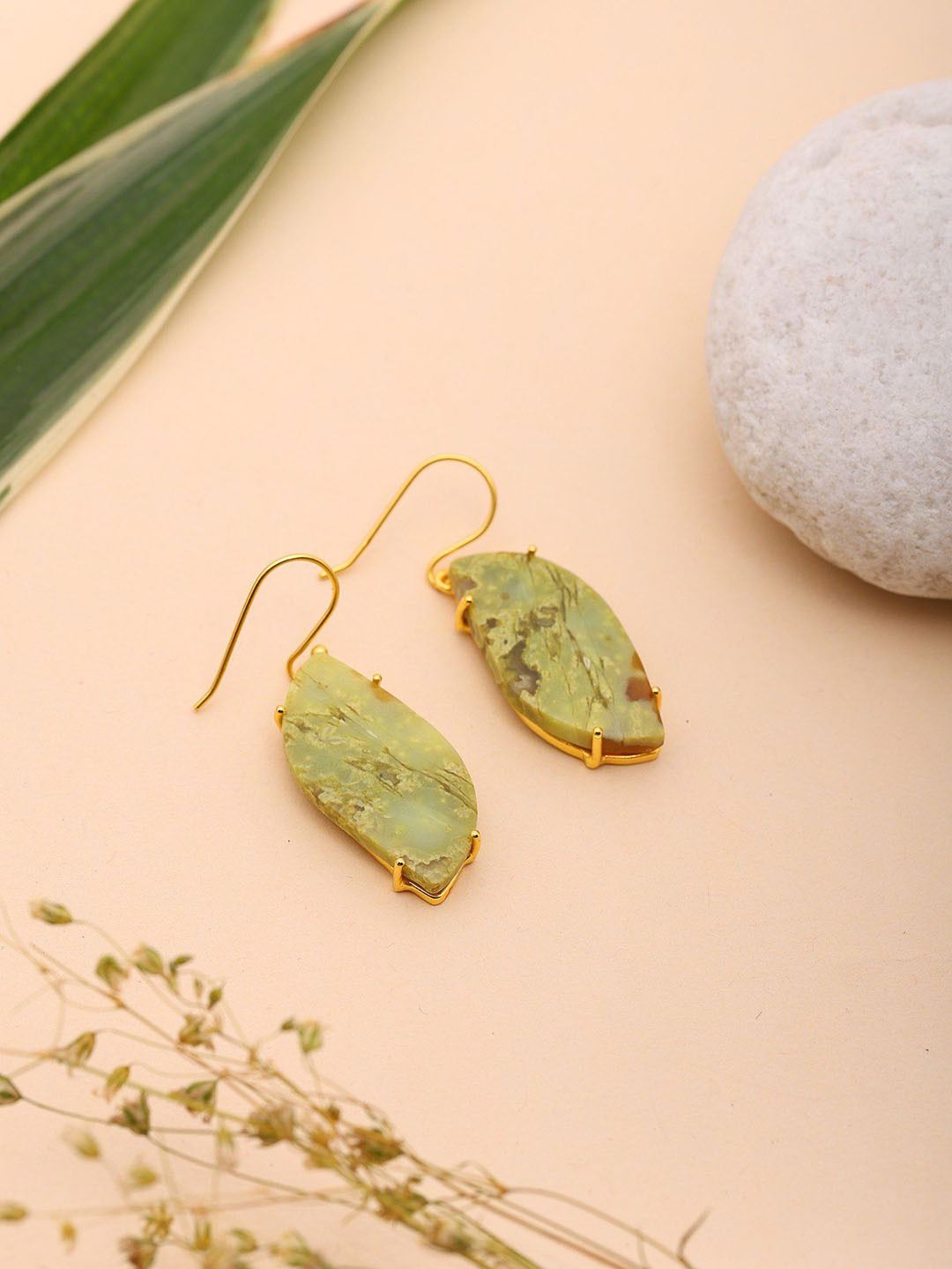Exotic India Gold-Plated Leaf Shaped Opal Gemstone Drop Earrings