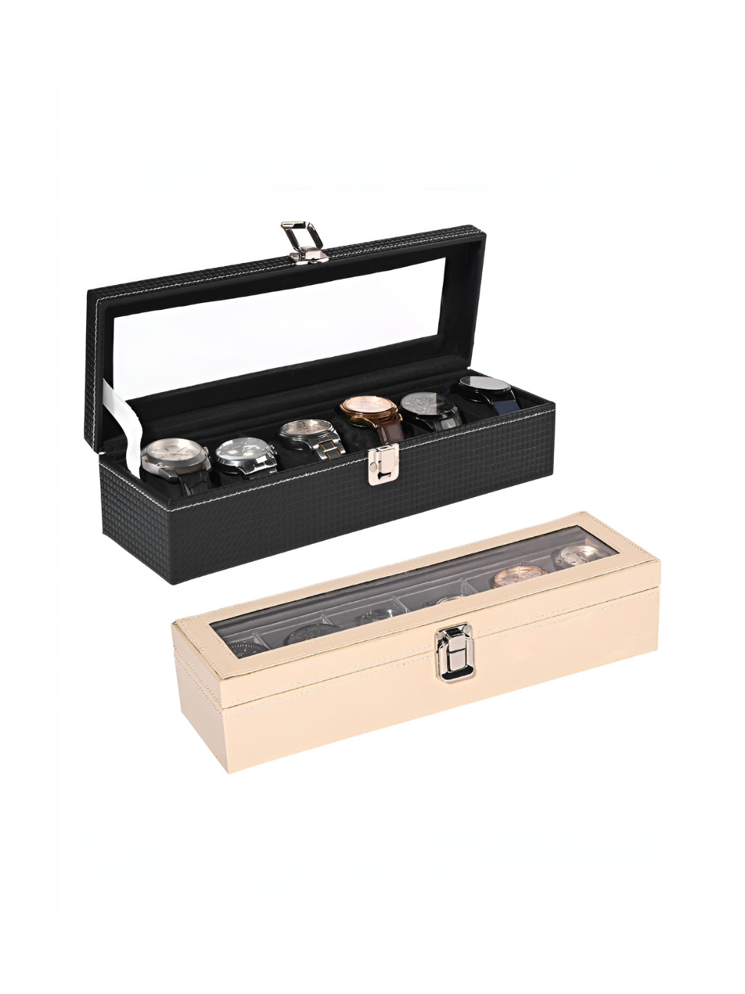 Aura Black Set of 2 Premium Faux Leather 6 Slots Wrist Watch Organiser Watch Storage Box