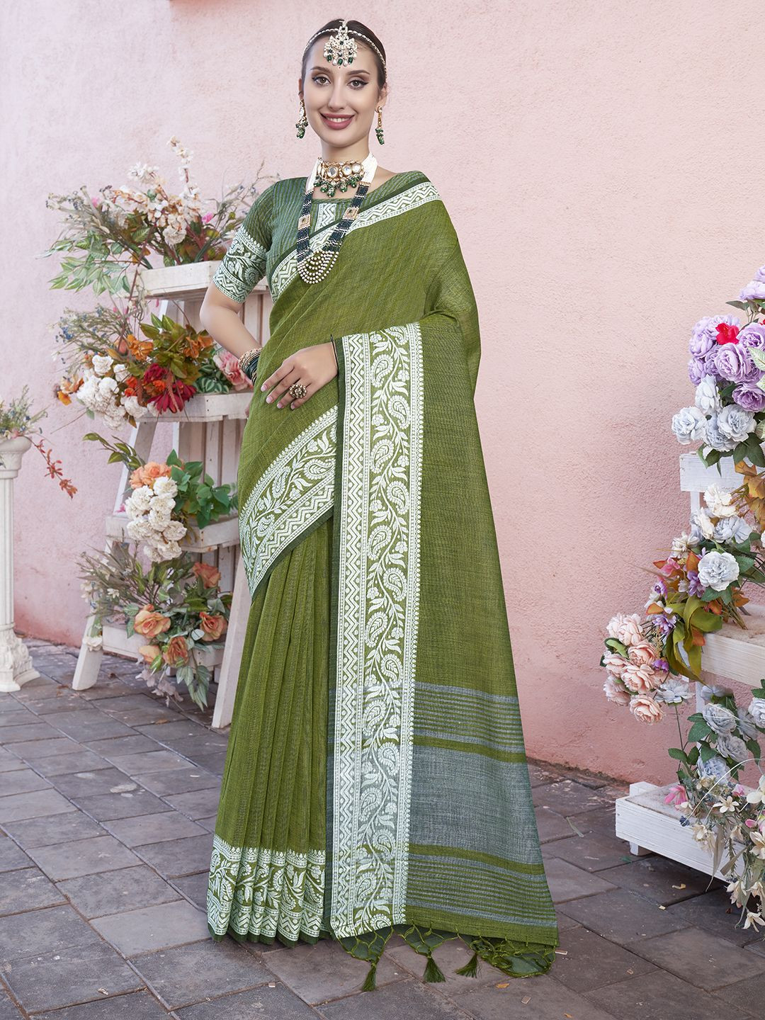 Anouk Rustic Solid woven design border Linen Saree