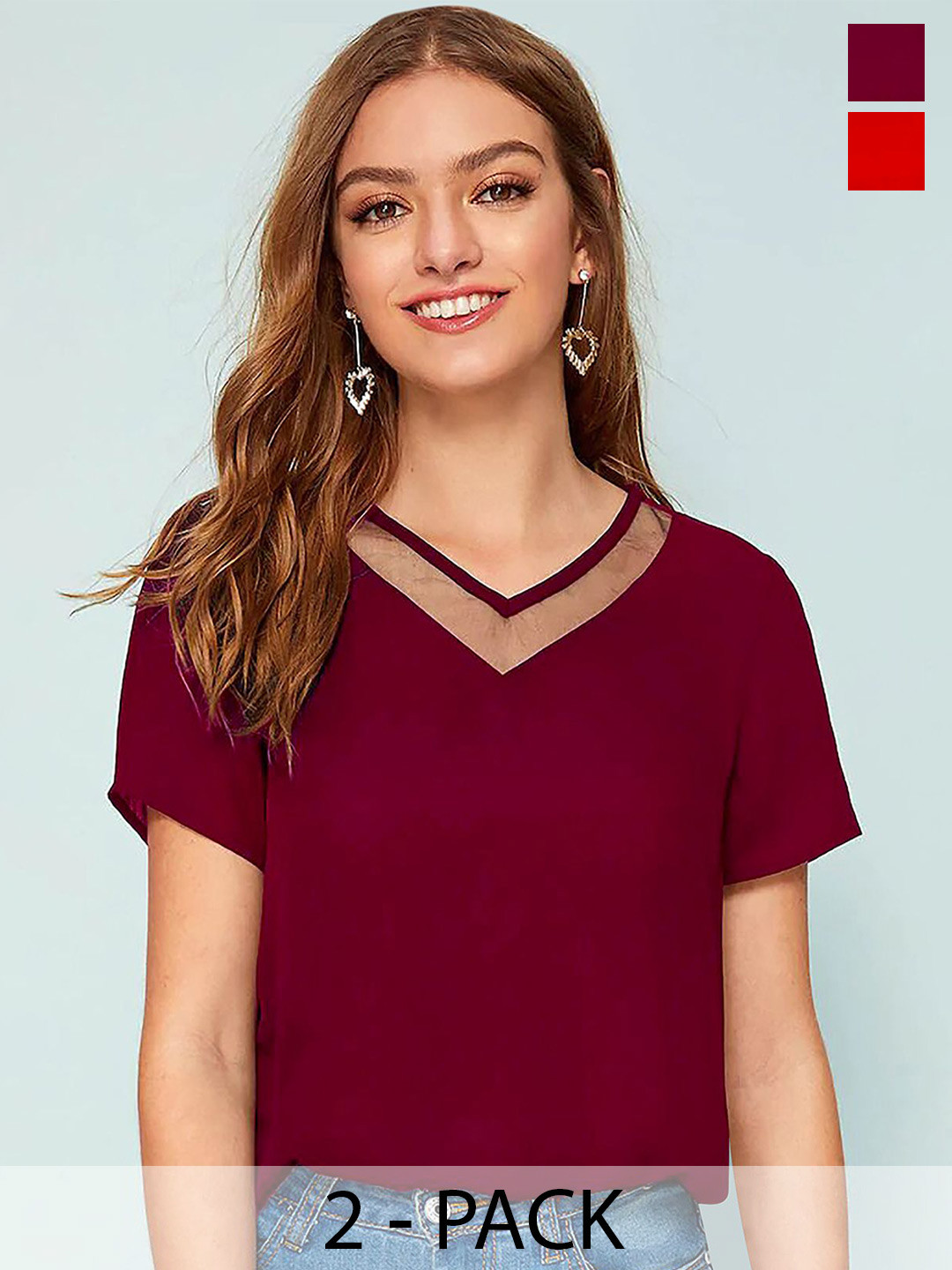 CORSICA  Women Solid Color Short Sleeve V Neck Regular Top