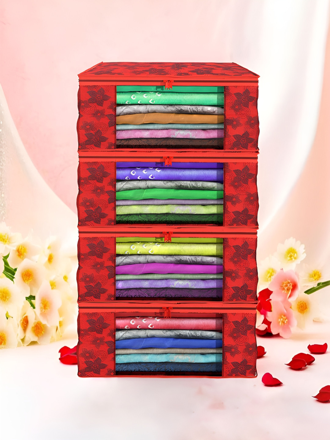 Aura Red Set of 4 Non-Woven Saree Cover 9 Inch Clothes Bag Organisers