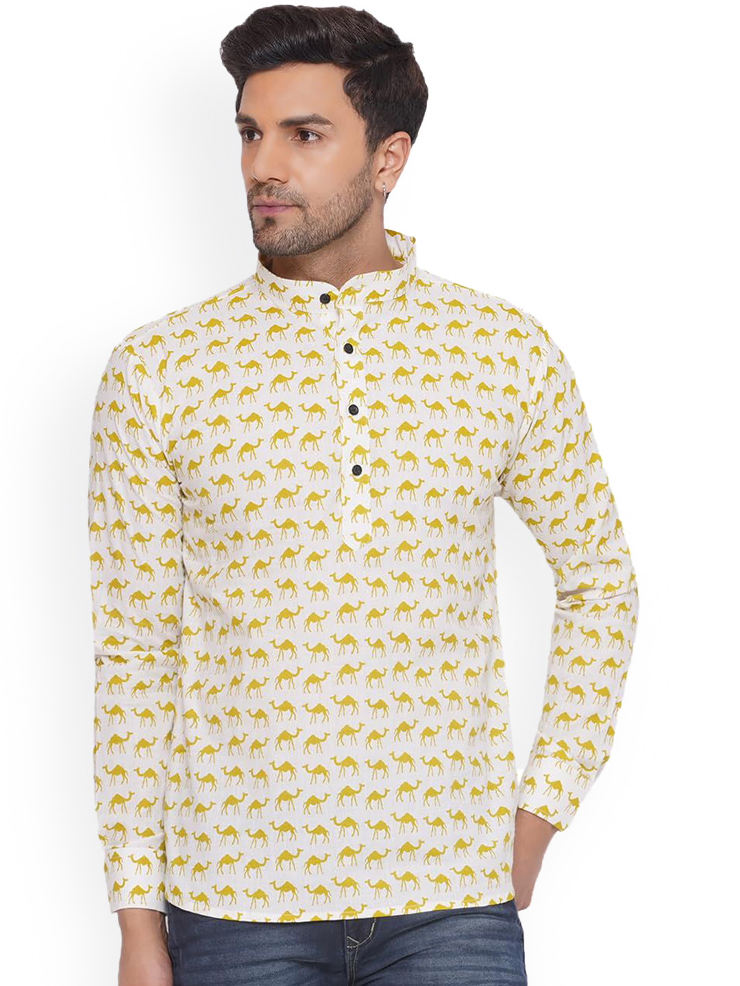 VEERA PARIDHAAN Animal Printed Band Collar Long Roll-Up Sleeves Cotton Kurta