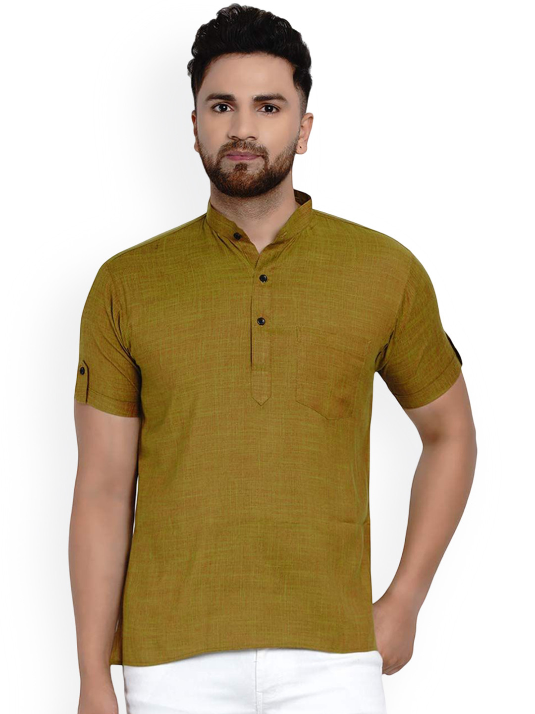 VEERA PARIDHAAN Band Collar Short Roll-Up Sleeves Straight Kurta