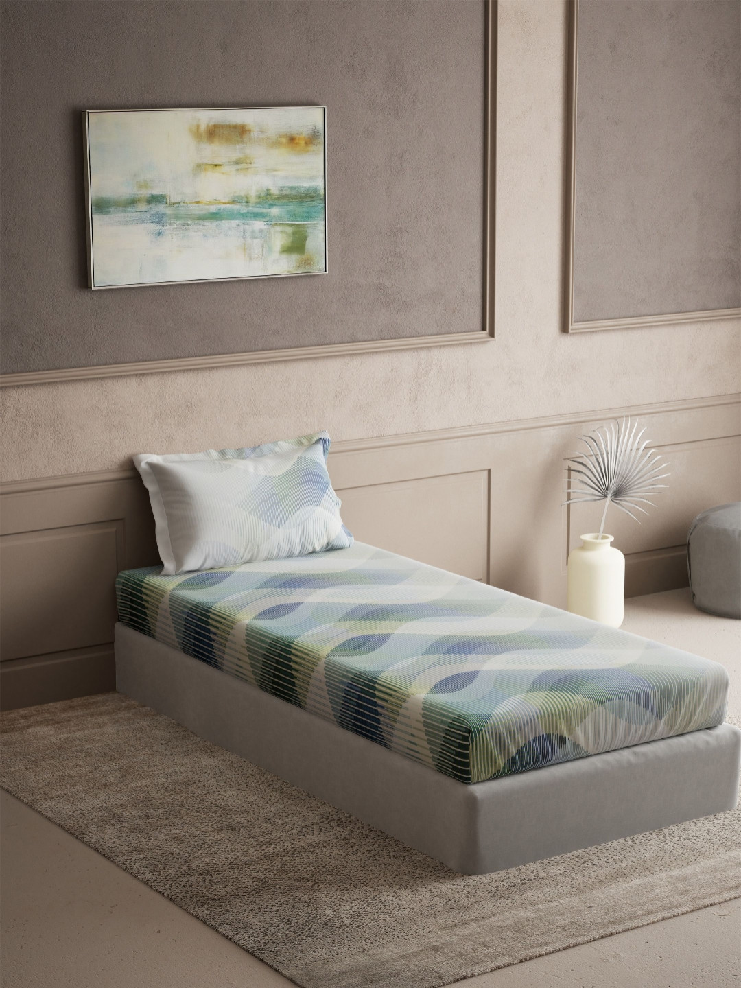 DDecor Radiance Blue & White Abstract Cotton 145 TC Single Bedsheet Set-1.52 m X 2.24 m