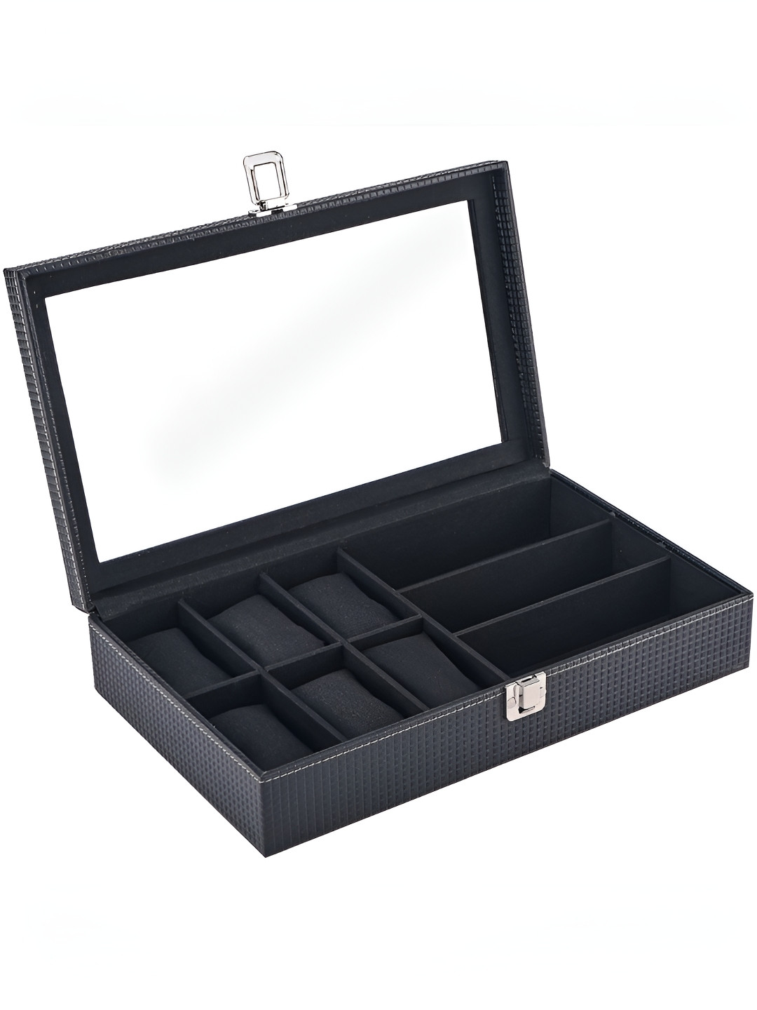Aura Black Set of 2 Leather Through 6+3 Slots Wrist Watch Organiser Box & Sunglasses Box