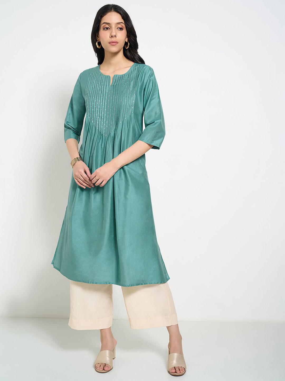 RANGMANCH BY PANTALOONS Pleated Sequinned Work Notch Neck A-Line Kurta
