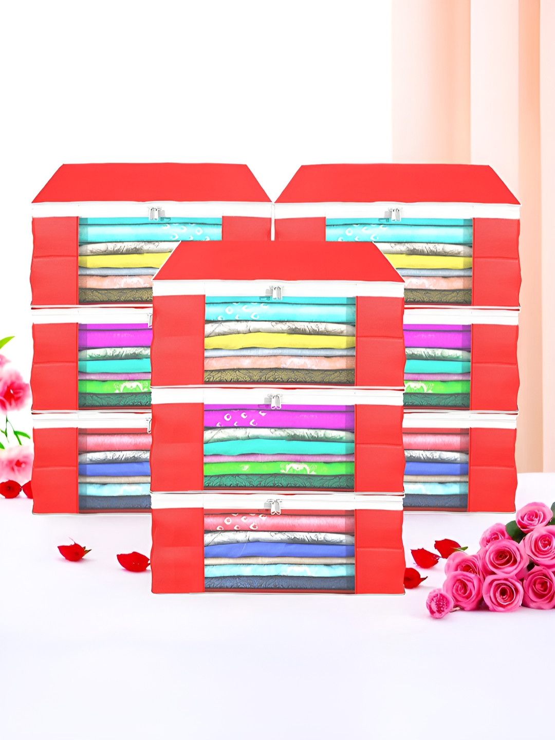 Myntra Elegant Homes Red Set of 9 Foldable Storage Non-Woven Saree Cover Organisers