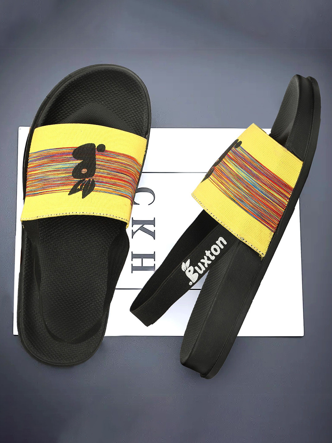 Buxton Men Yellow & Black Sliders Flip Flops