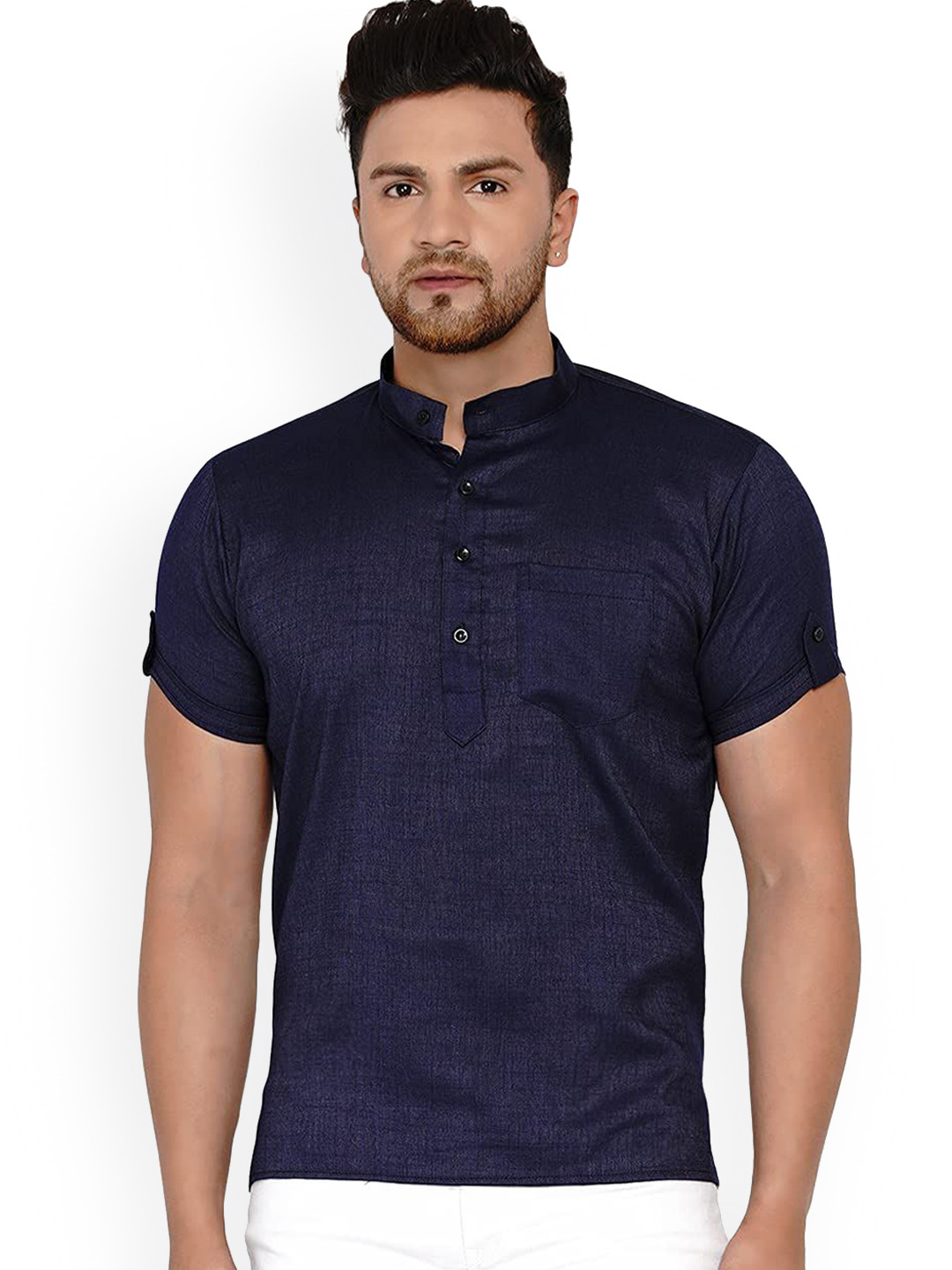 VEERA PARIDHAAN Band Collar Short Roll-Up Sleeves Straight Kurta