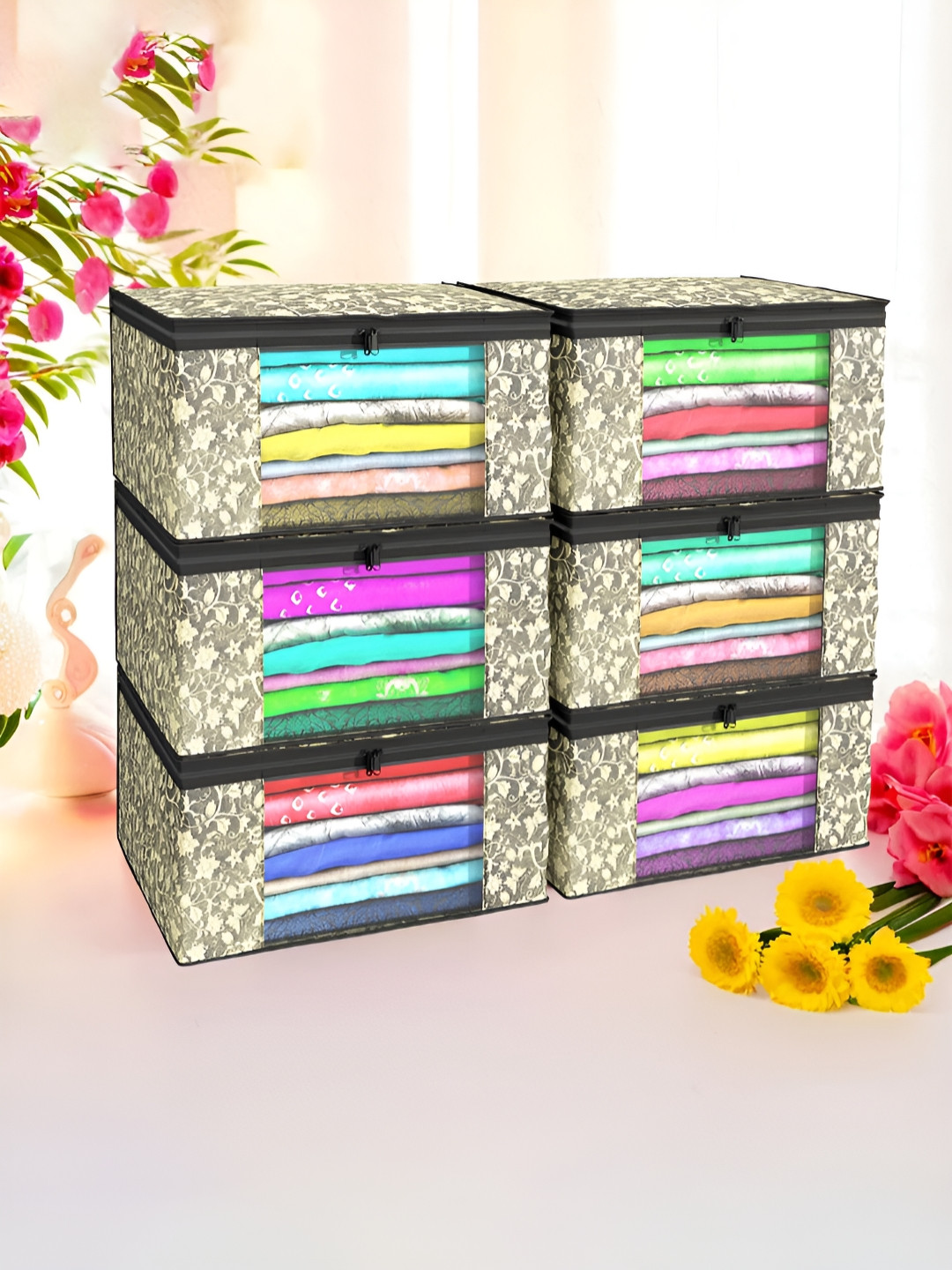 Aura Unisex Black 6 Pieces Non-Woven Saree Cover 9 Inch Clothes Bag