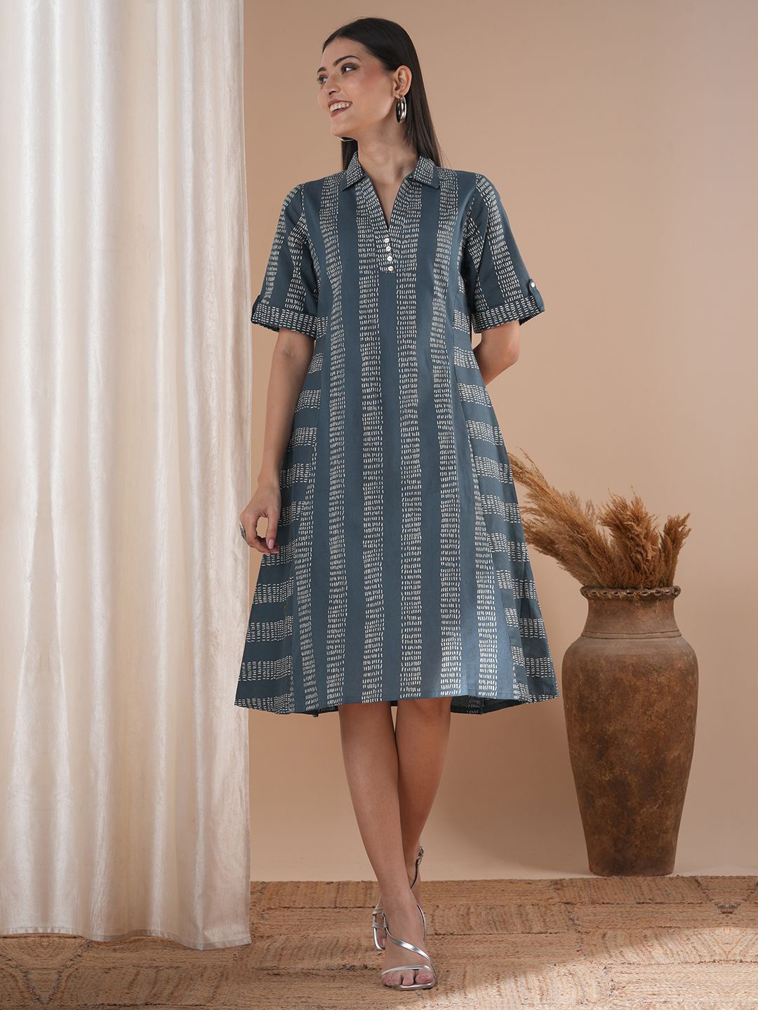 KAMI KUBI Women Cotton Shirt Collar Printed A-Line Midi Dress