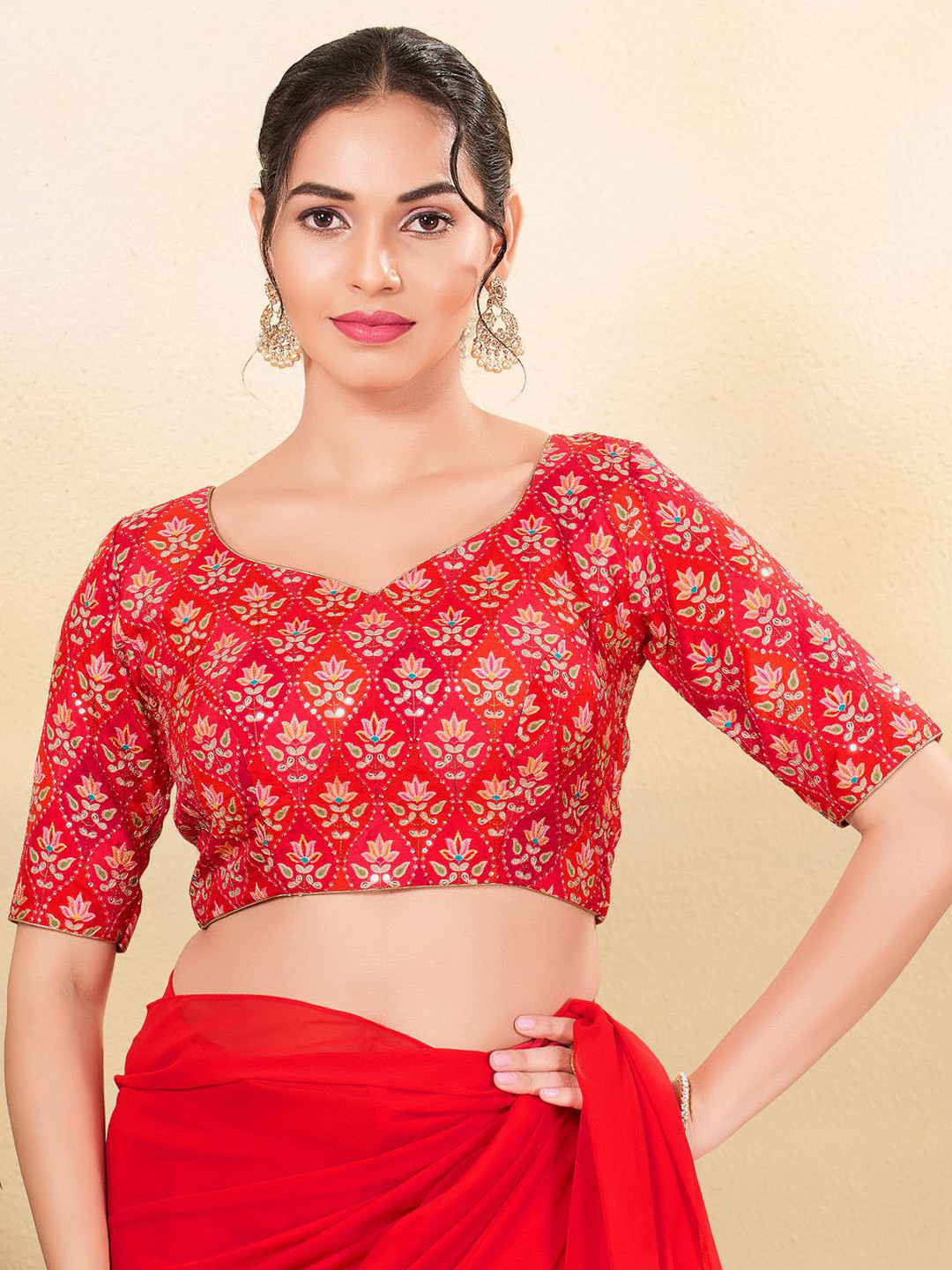 VAMAS - THE DESIGNER BLOUSES Printed Sequinned Silk Sweetheart Neck Padded Saree Blouse