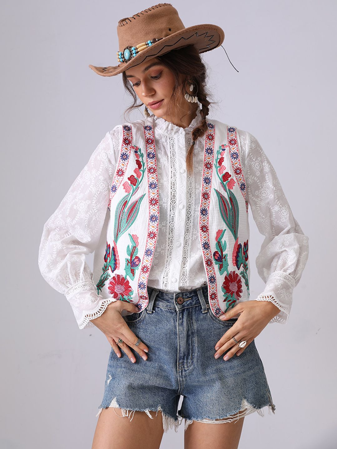 JC Collection Floral Print White Color Shirt Style  Schiffli Cotton Top