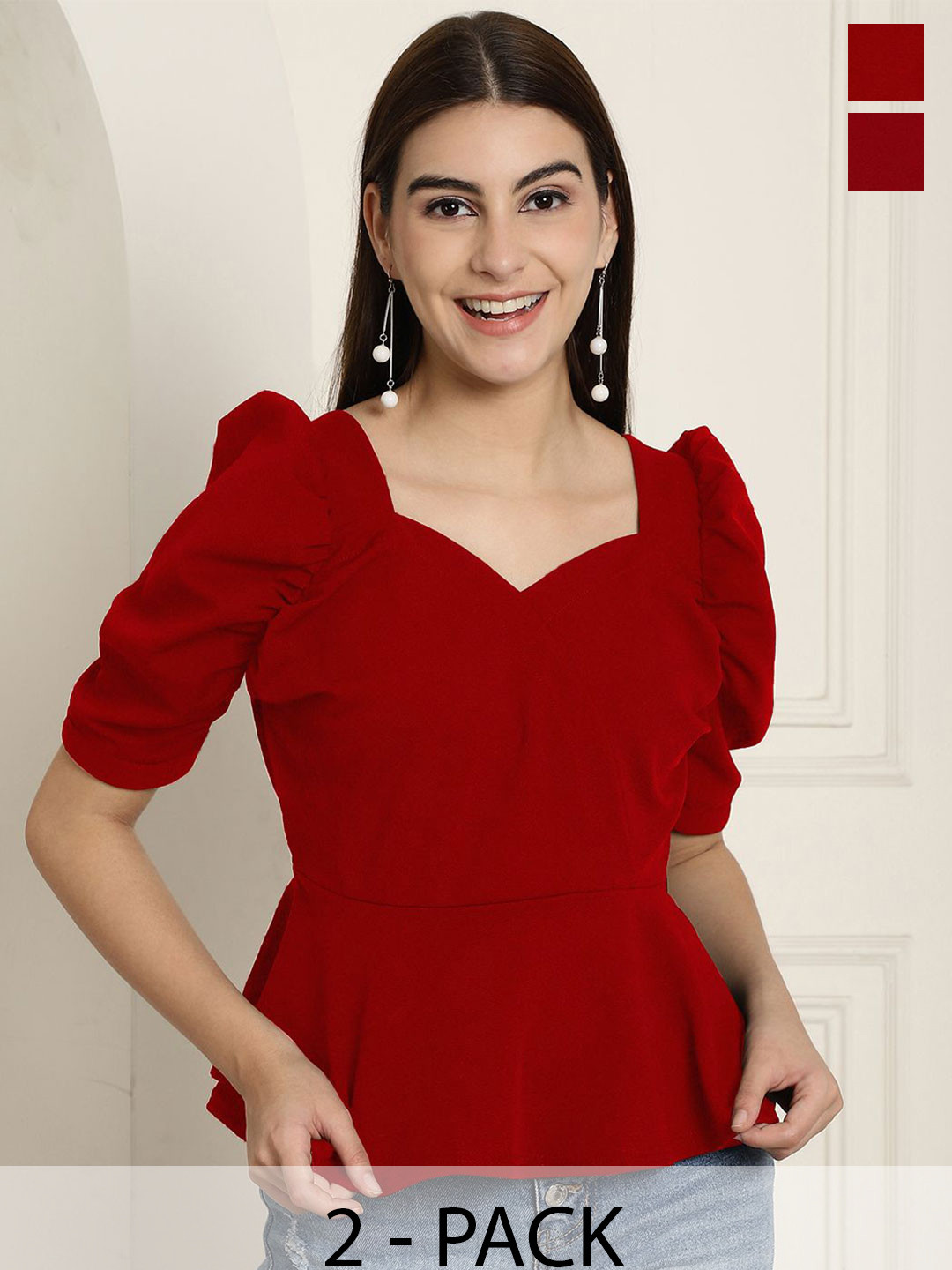 Tromko Women Sweetheart Neck Peplum Puff Sleeve Top