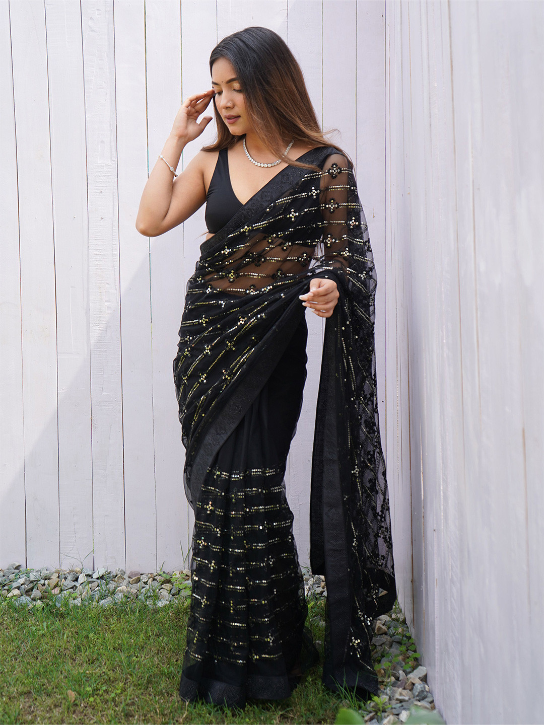 Anouk Women's Striped Net Designer Sequineed Saree