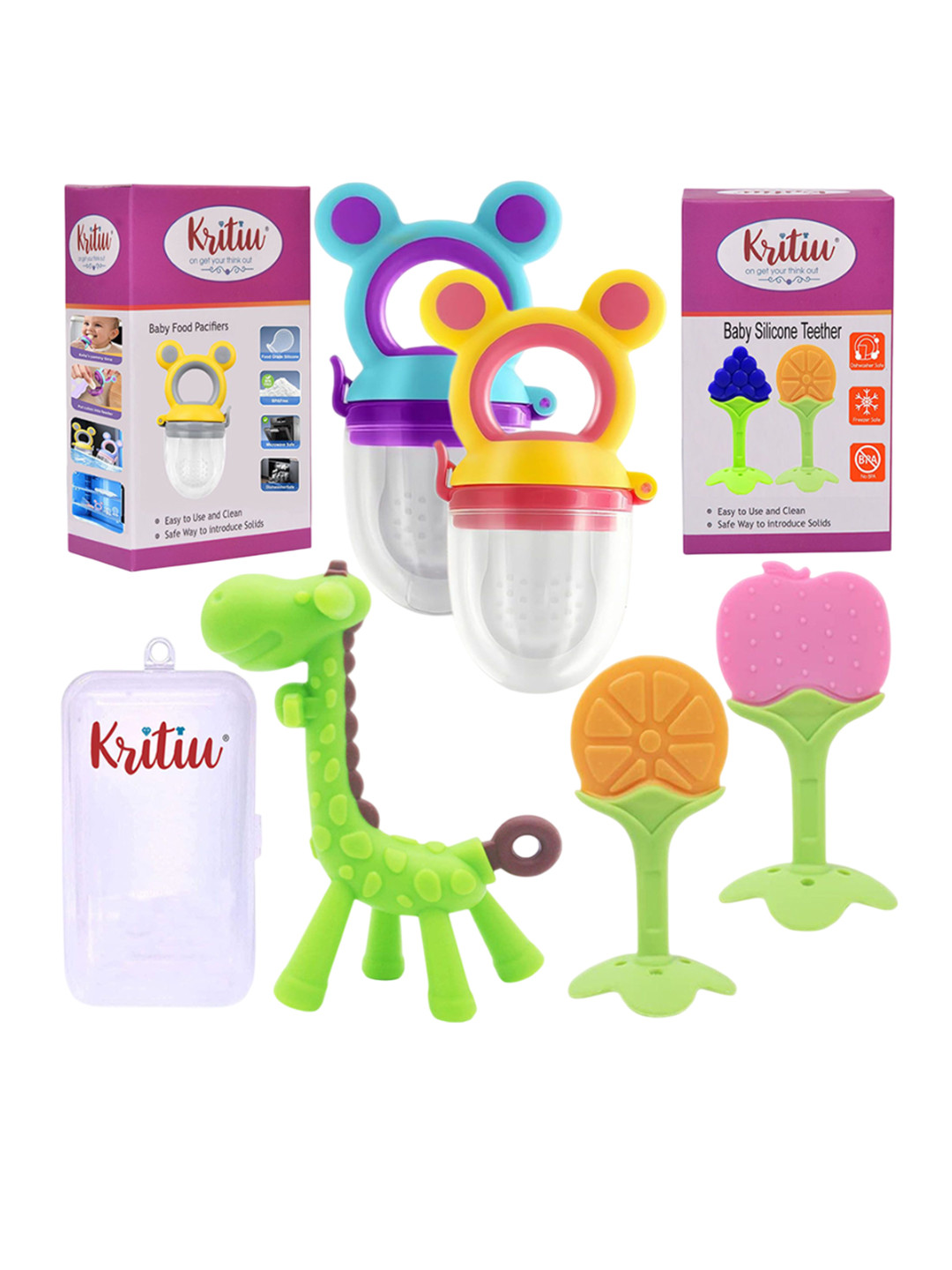 Kritiu  Pack Of 5 Green & Blue Fruit Shape BabyTeether & FoodPacifier