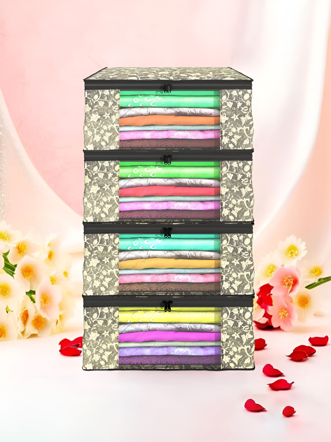 Aura Black Set of 4 Non-Woven Saree Cover 9 Inch Clothes Bag Organisers