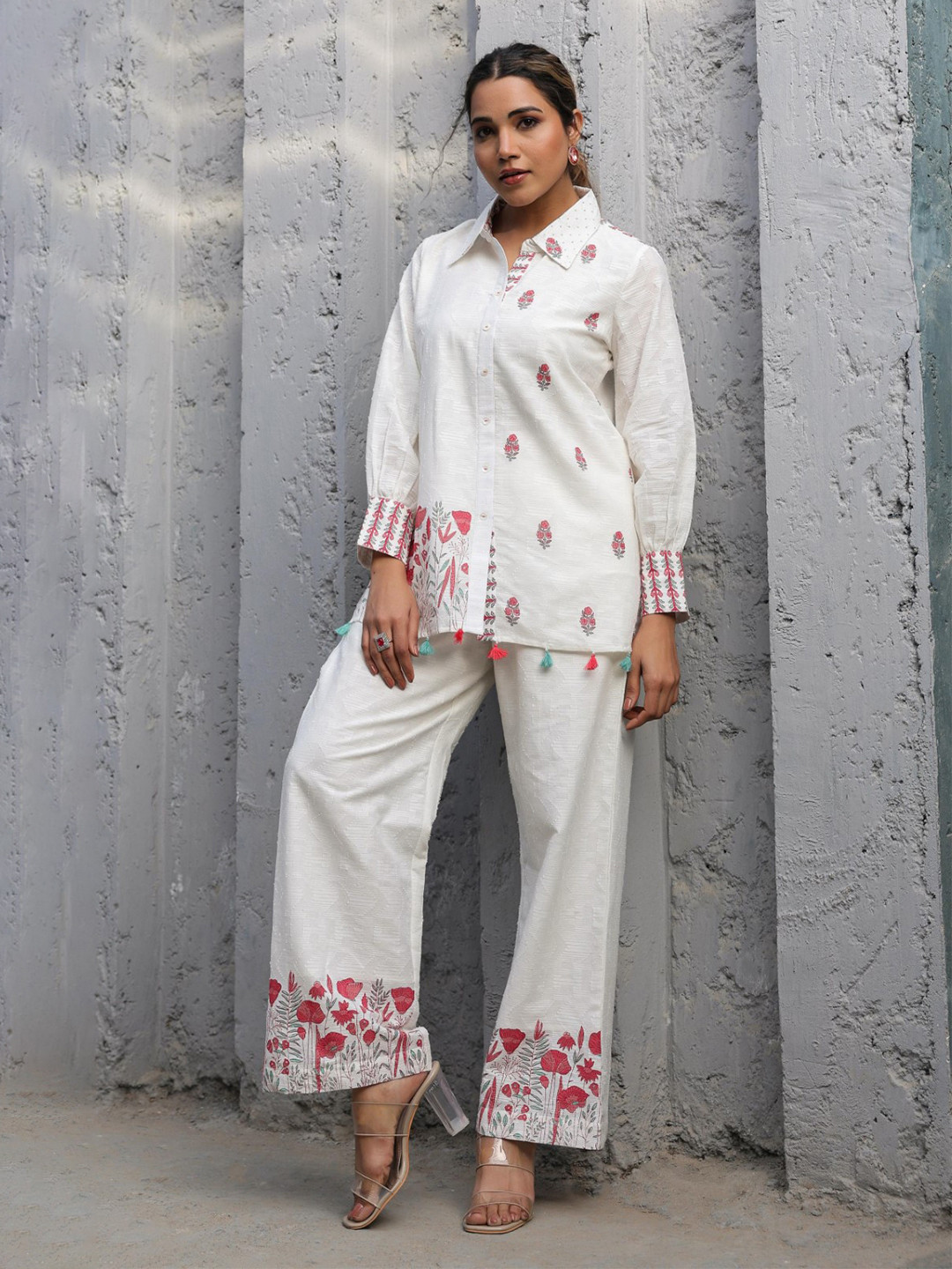 AUTUMN LANE Tridhara Misri Embroidered Pure Cotton Shirt With Trousers Co-Ords
