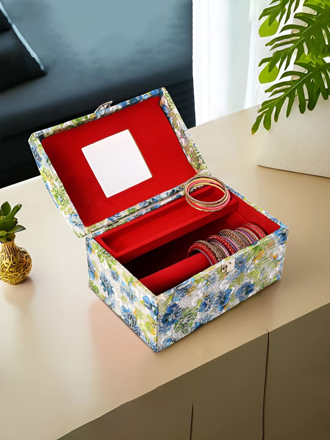 Myntra Elegant Homes Green Makeup Vanity Box Jewellery Organiser Printed Palki Lock