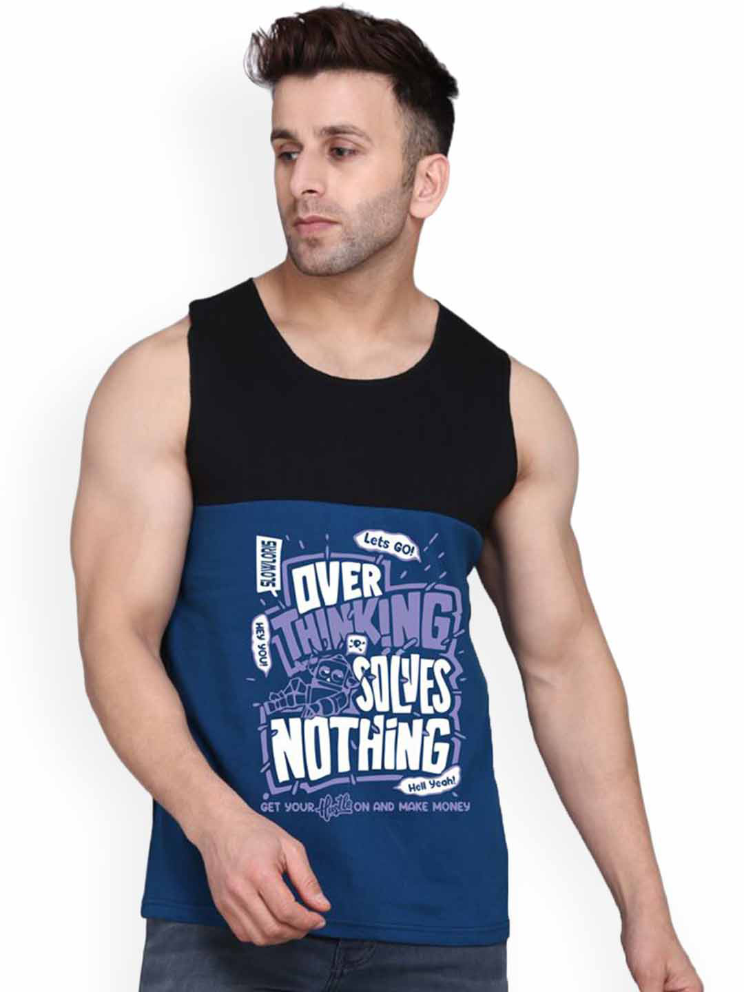 SLOWLORIS Men Printed Super Combed Cotton Gym Vest VSL26 OVRTNK BLACKPEACOCK