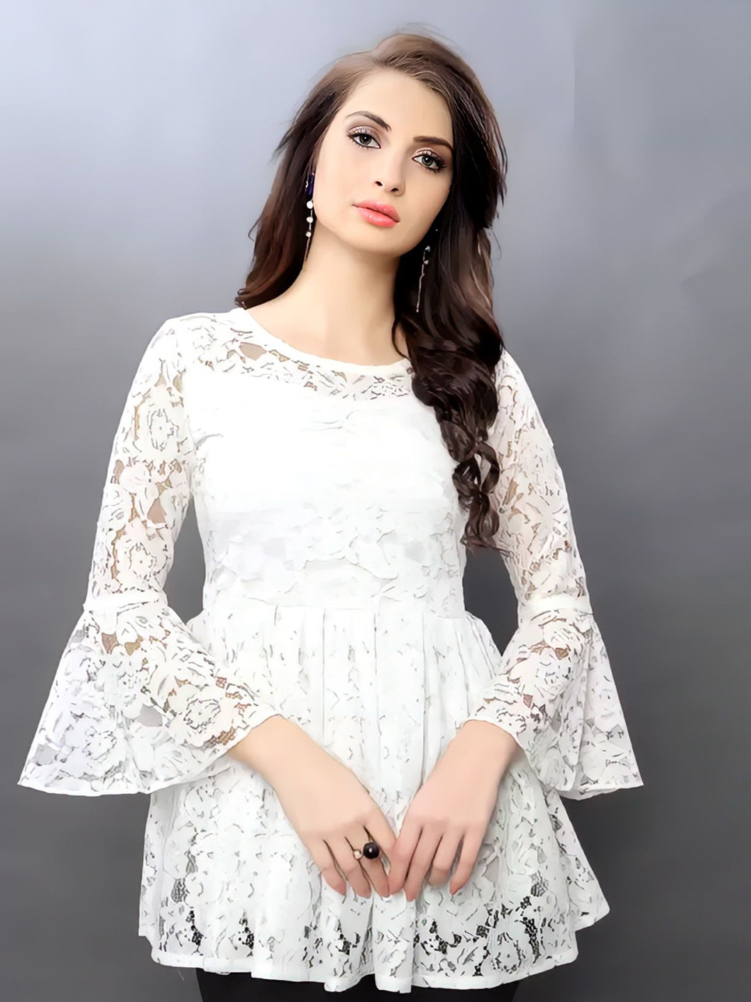 ZELZIS Women Sheer Russel Net Bell Sleeve Self-Design Tunic