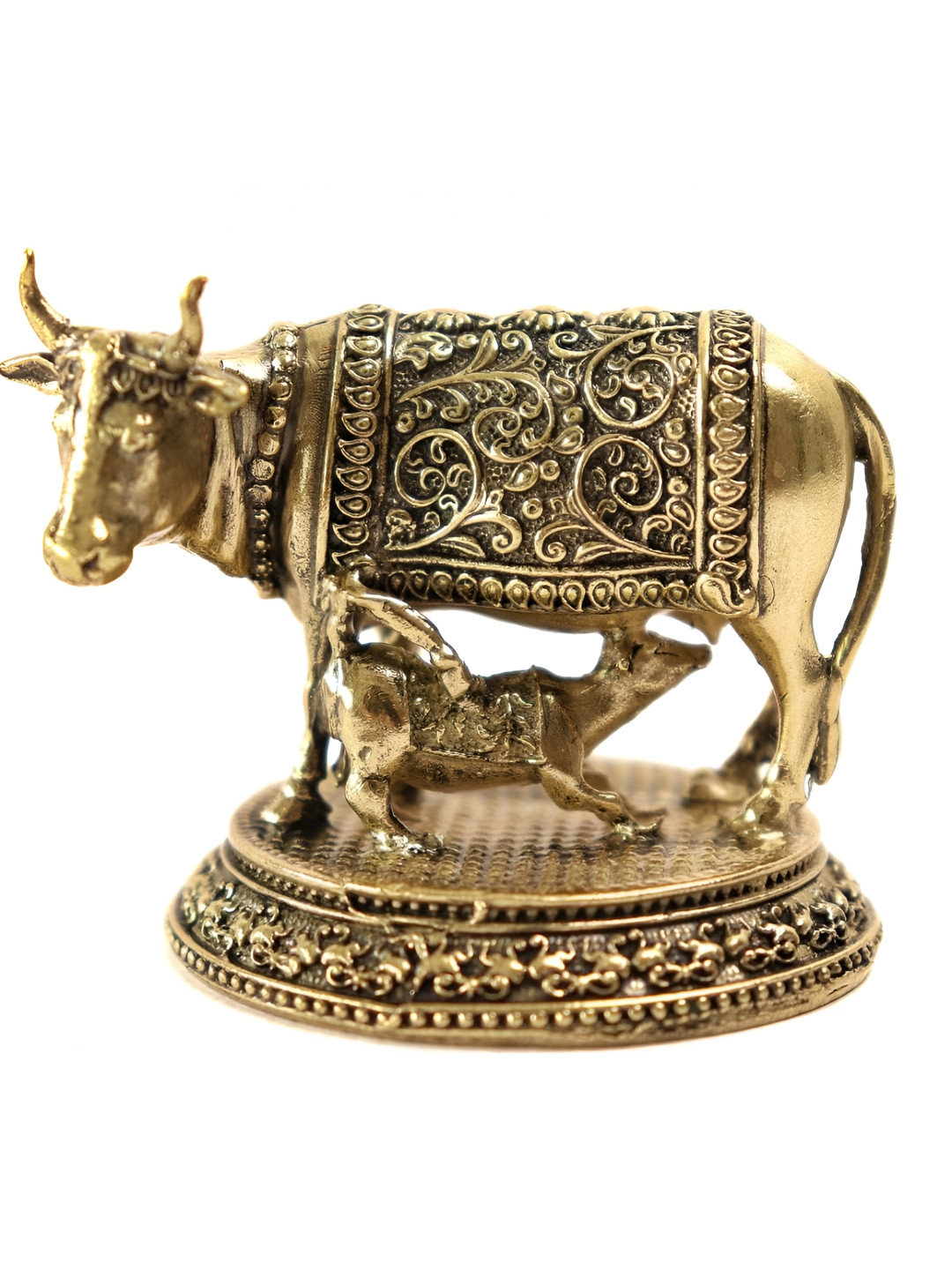 The Spiritual Living Cow and Calf Gold Brass Metallic Prayer Room Small Showpiece -