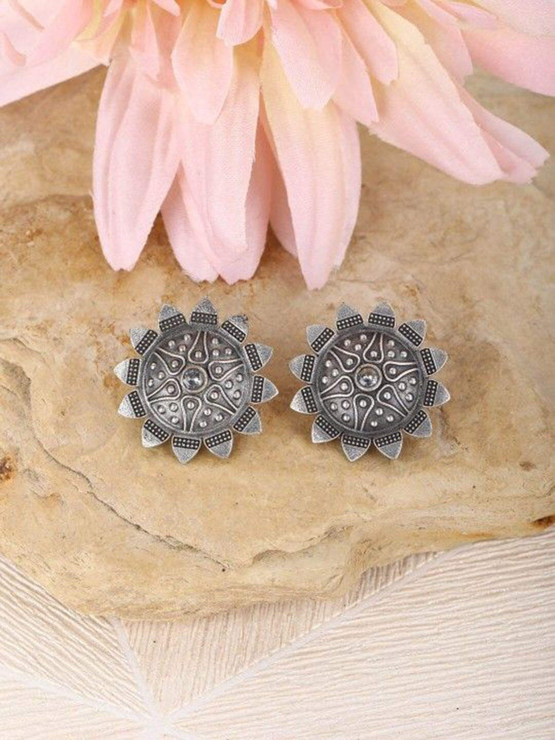 Sangria Antique Silver-Plated Sunburst Floral Shaped Oxidized Studs