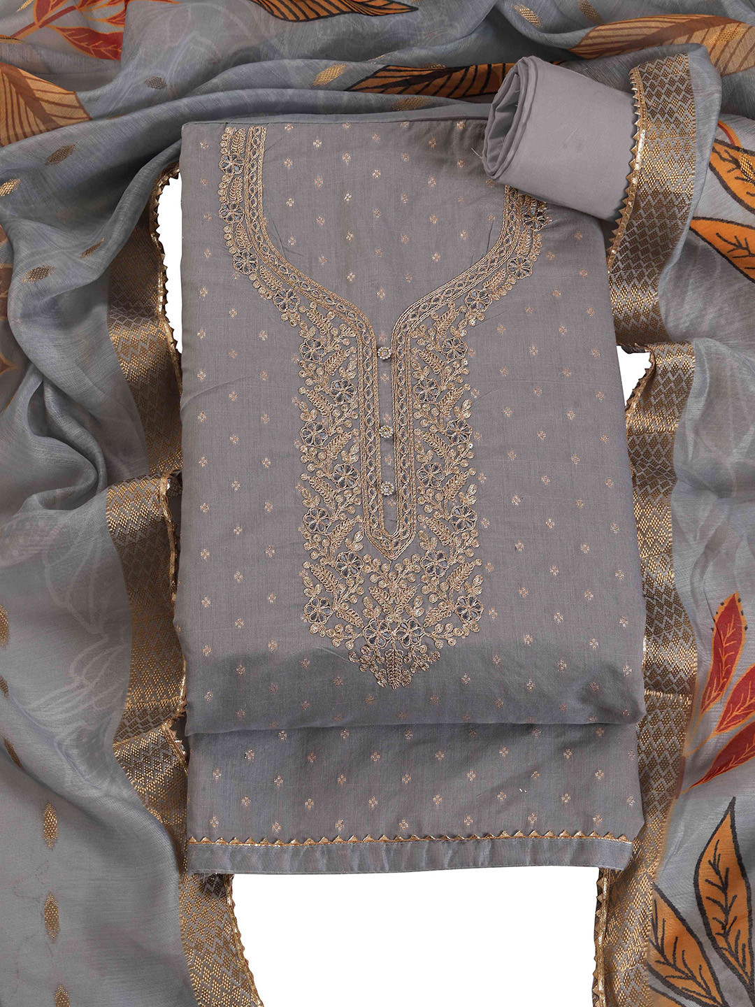 TAVAS Embroidered Chanderi Silk Unstitched Dress Material