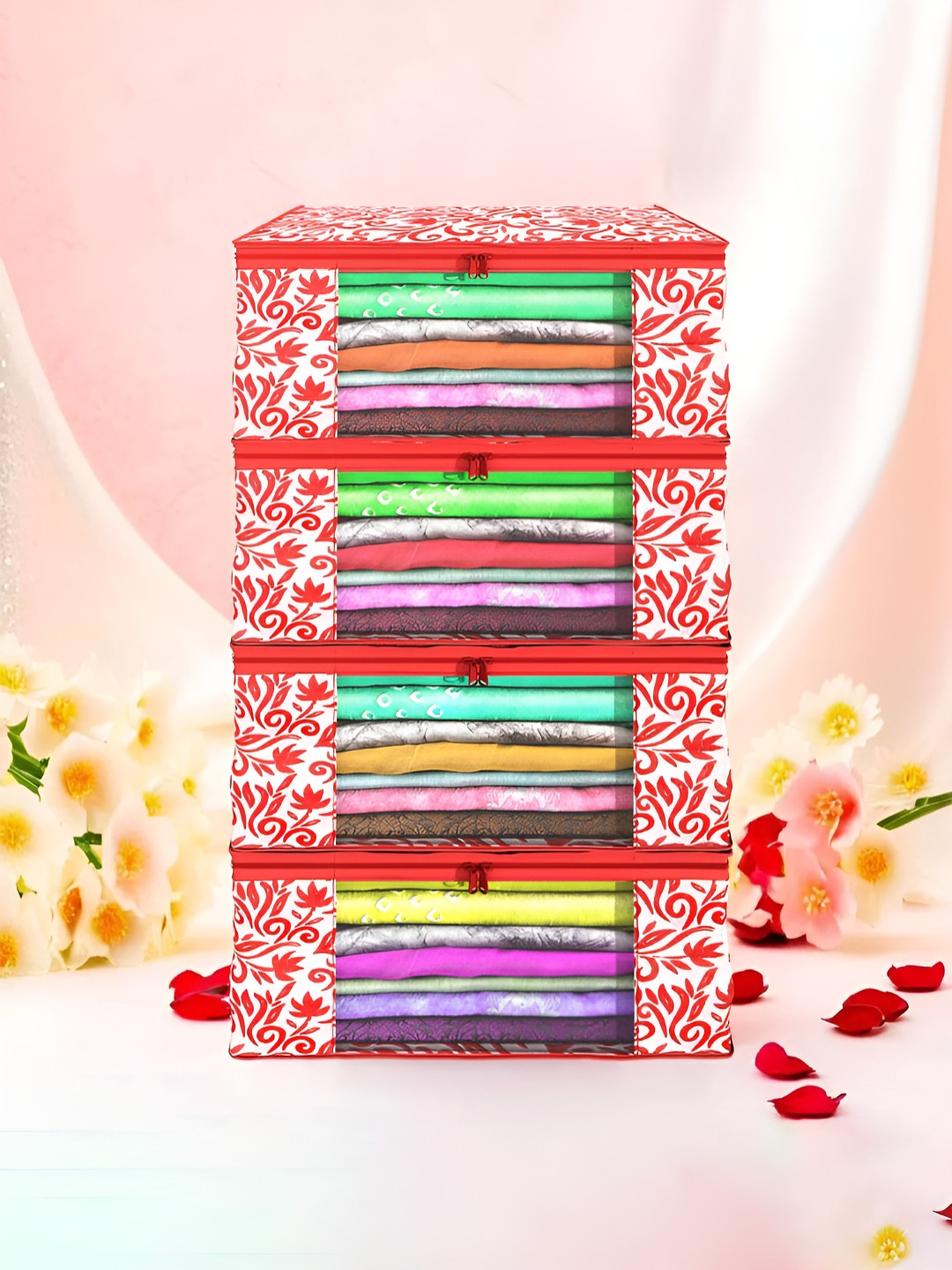 Aura Red Set of 4 Non-Woven Saree Cover 9 Inch Clothes Bag Organisers